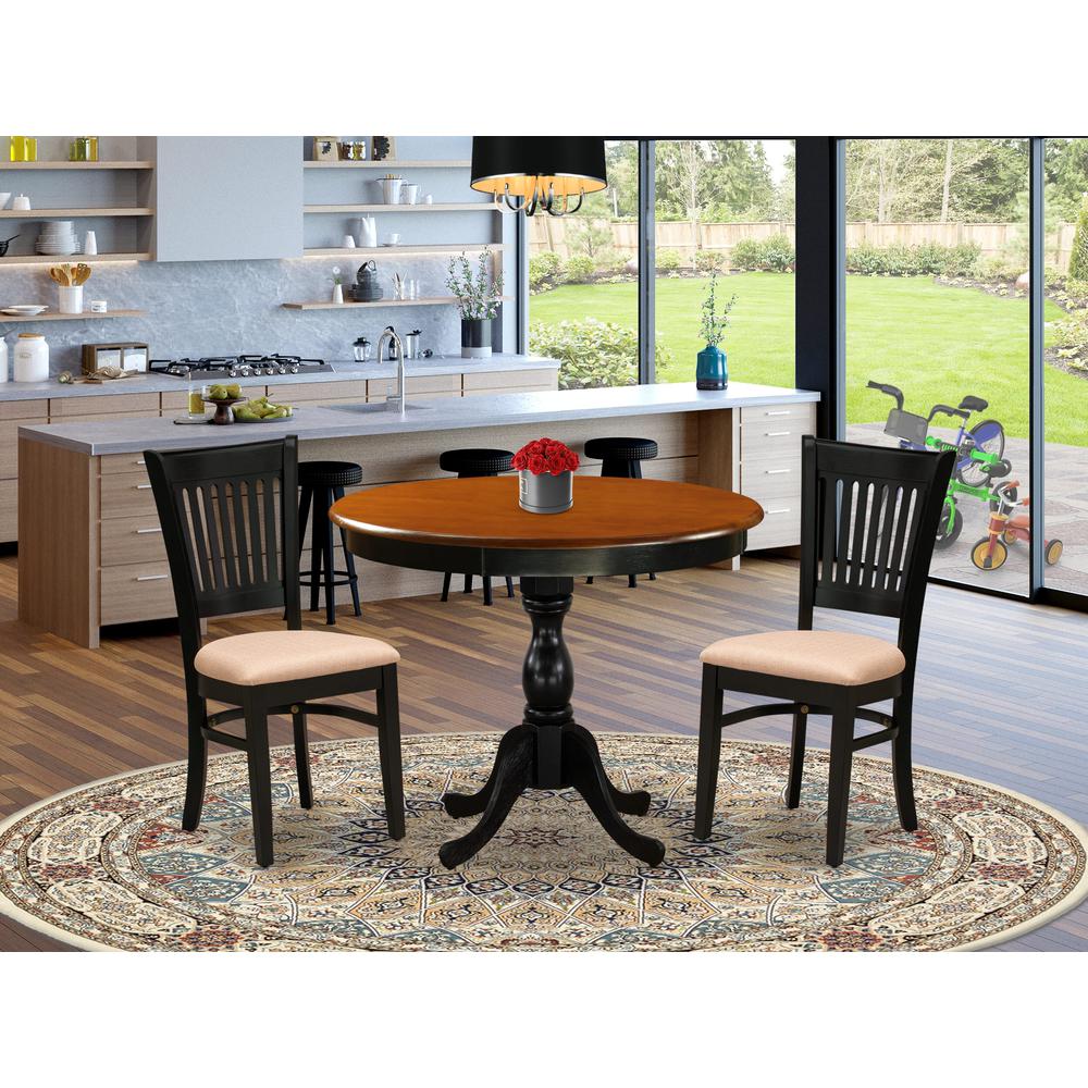 East West Furniture 3-Pc Kitchen Dining Table Set Consists of a Kitchen Table and 2 Linen Fabric Mid Century Chairs with Slatted Back - Black Finish. Picture 2