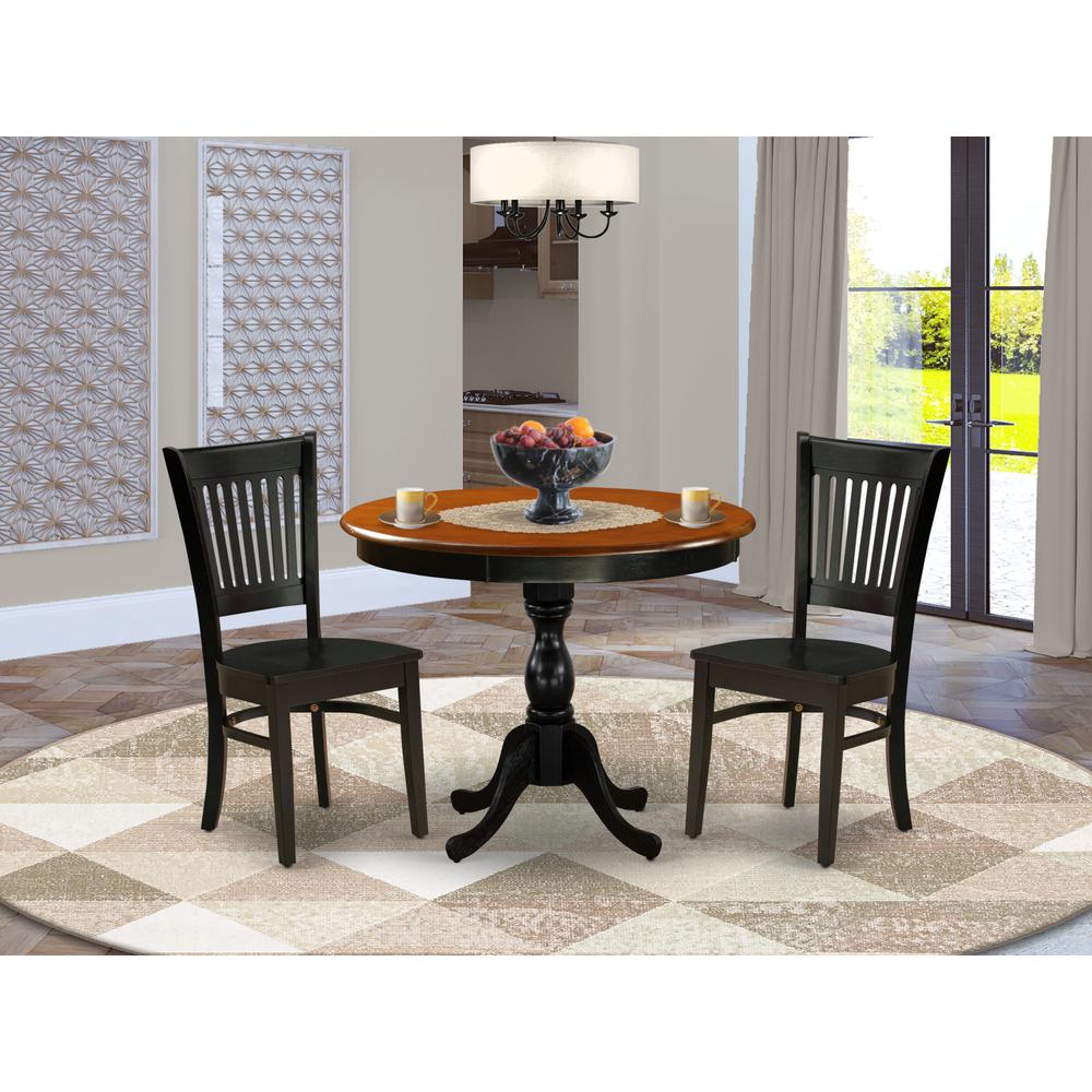East West Furniture 3-Piece Mid Century Dining Set Include a Modern Dining Table and 2 Dining Chairs with Slatted Back - Black Finish. Picture 2