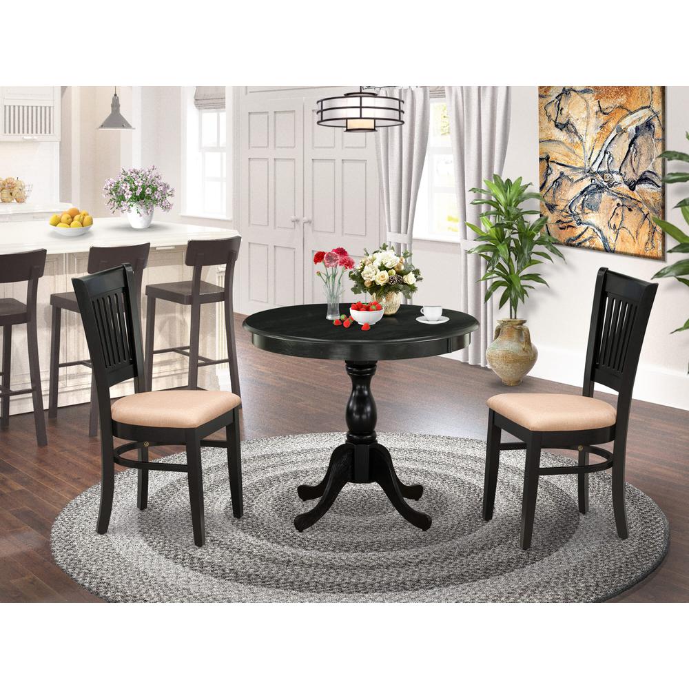 East West Furniture 3-Pc Modern Dining Table Set- 2 Wood Dining Chair and Dining Room Table - Linen Fabric Seat and Slatted Chair Back (Black Finish). Picture 1