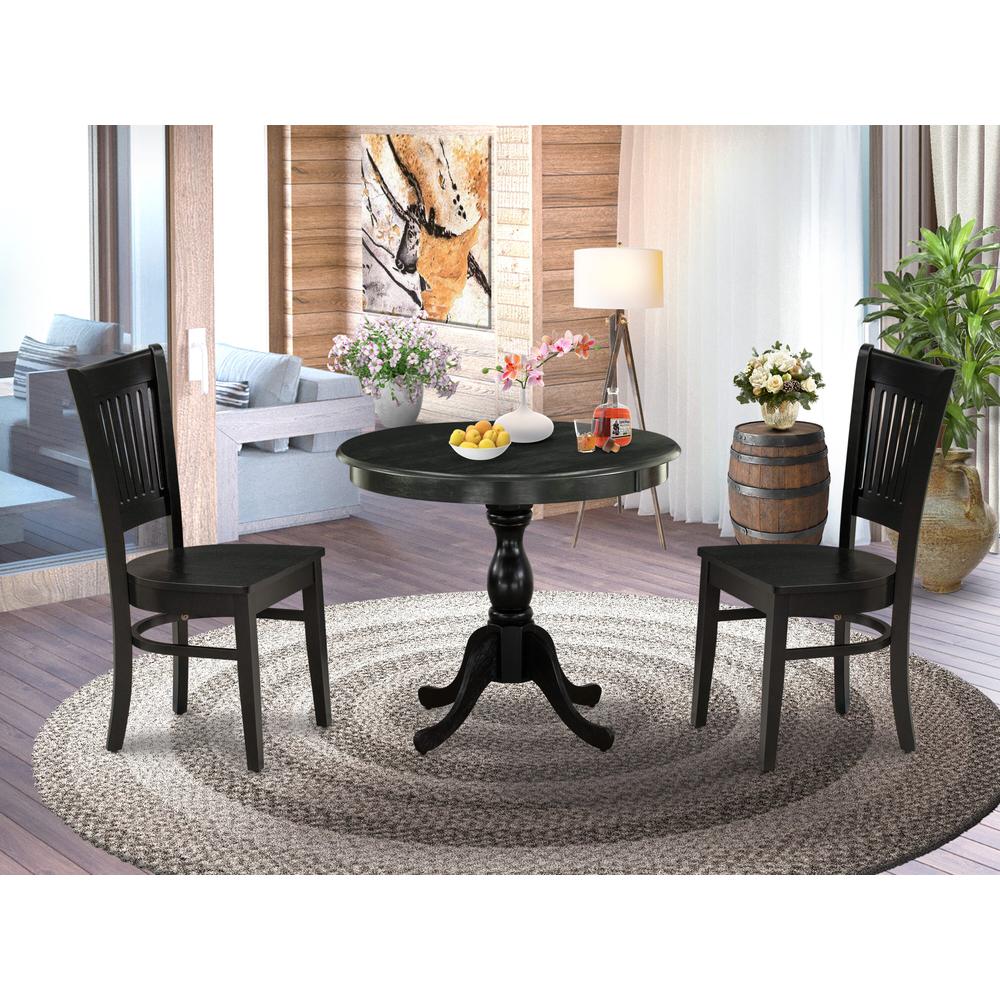East West Furniture 3-Pc Dinette Room Set- 2 Modern Dining Room Chair and Kitchen Dining Table - Wooden Seat and Slatted Chair Back (Black Finish). Picture 1