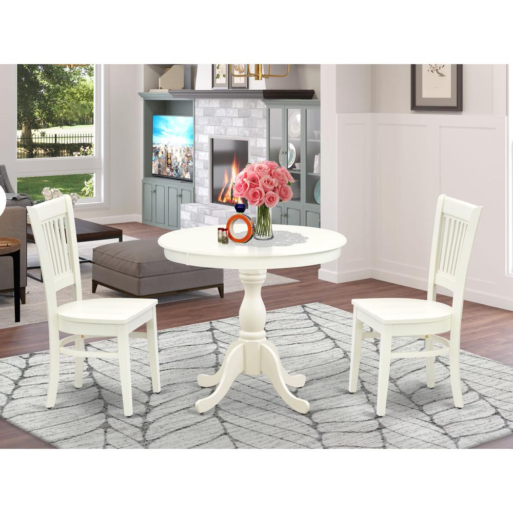 AMVA3-LWH-W - 3-Pc Dining Room Table Set- 2 Dining Room Chair and Dining Table - Wooden Seat and Slatted Chair Back (Linen White Finish). Picture 1