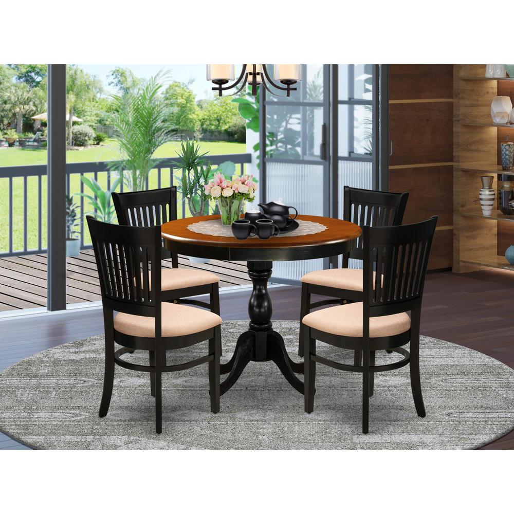 East West Furniture 5-Piece Modern Dining Table Set Consists of a Dinner Table and 4 Linen Fabric Kitchen Dining Chairs with Slatted Back - Black Finish. Picture 2