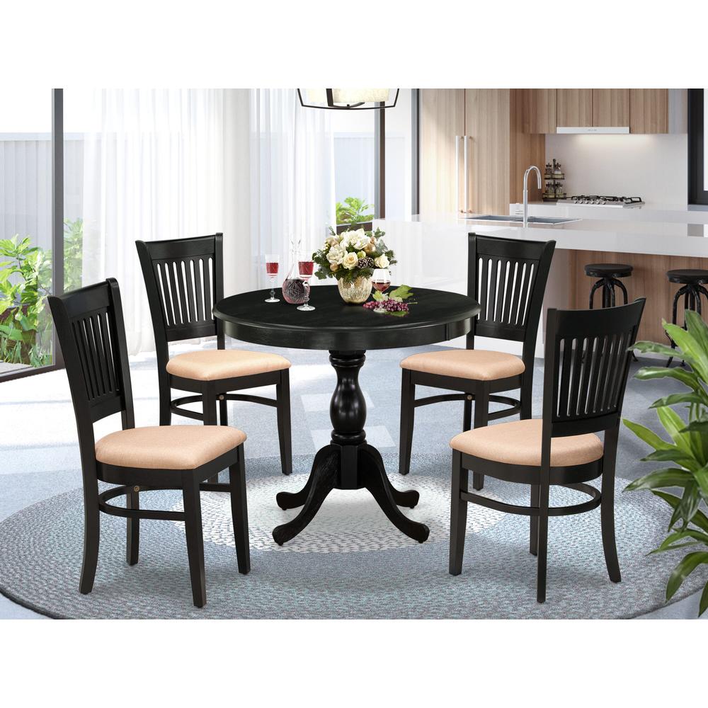 East West Furniture 5-Pc Dining Room Table Set- 4 Kitchen Chair and Modern dining room table - Linen Fabric Seat and Slatted Chair Back (Black Finish). Picture 1