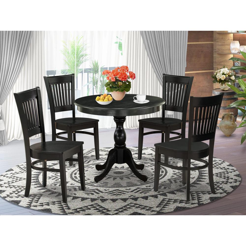 East West Furniture 5-Piece Kitchen Dining Set- 4 Dining Chair and Modern Round Dining Table - Wooden Seat and Slatted Chair Back (Black Finish). Picture 1