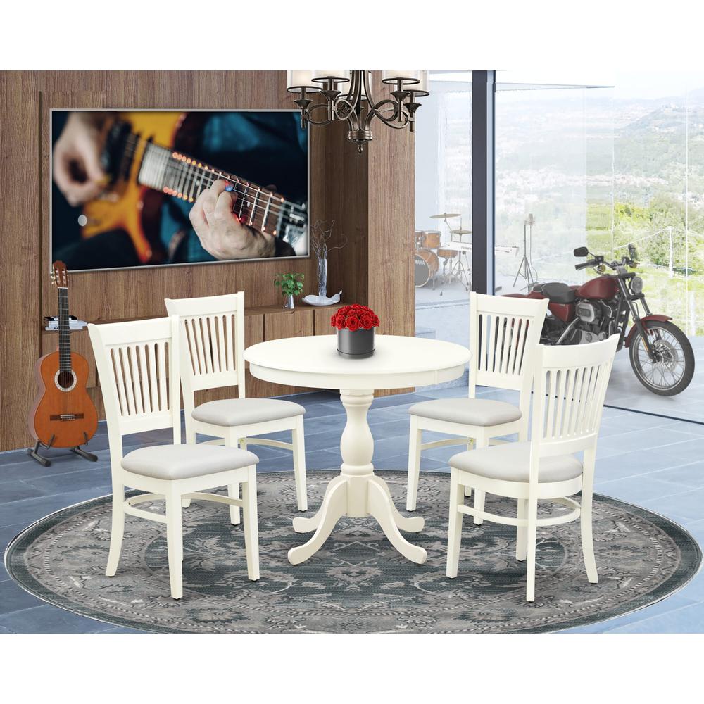East West Furniture 5-Piece Dinette Room Set- 4 dining room chairs and Wooden Dining Table - Linen Fabric Seat and Slatted Chair Back (Linen White Finish). Picture 1