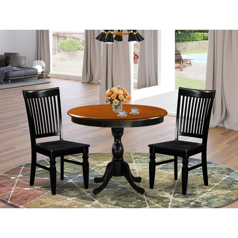 East West Furniture 3-Piece Dining Set Consist of Dinning Table and 2 Dining Chairs with Slatted Back - Black Finish. Picture 1