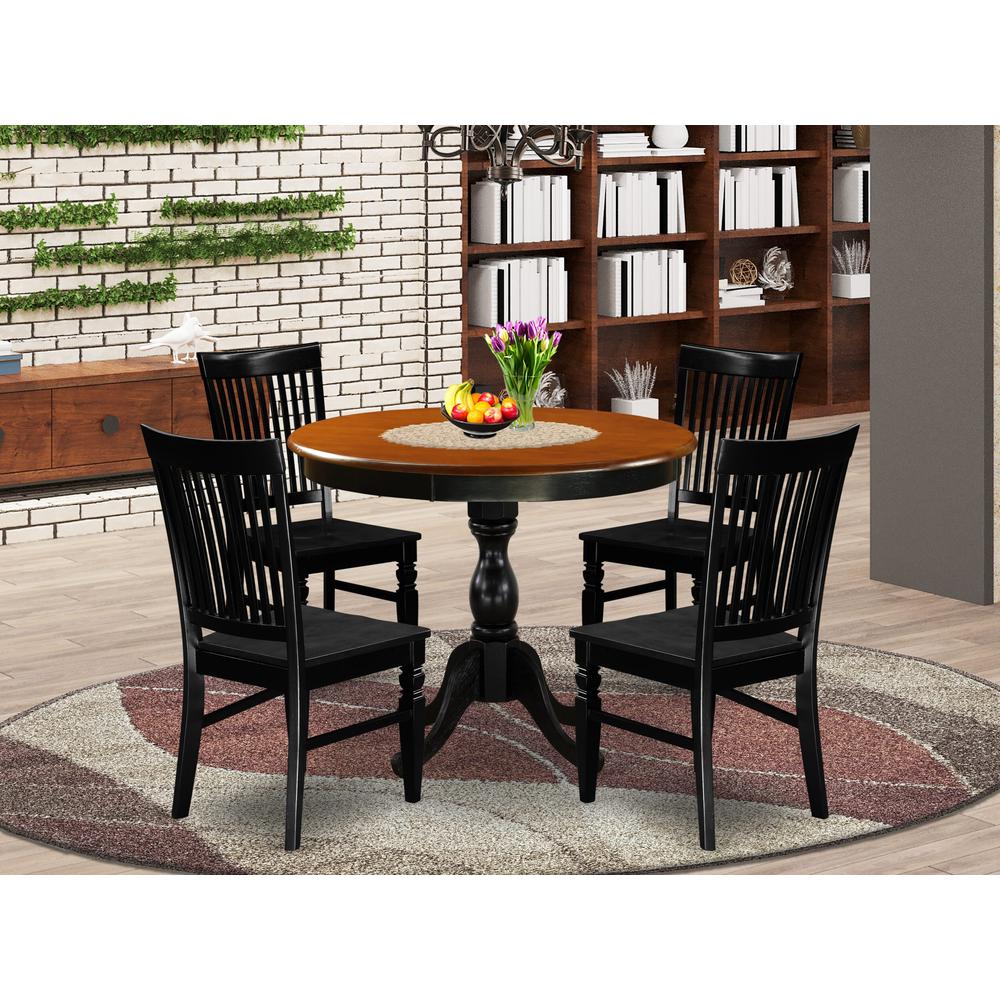 East West Furniture 5-Piece Dining Room Table Set Contains a Modern Kitchen Table and 4 Dining Chairs with Slatted Back - Black Finish. Picture 2