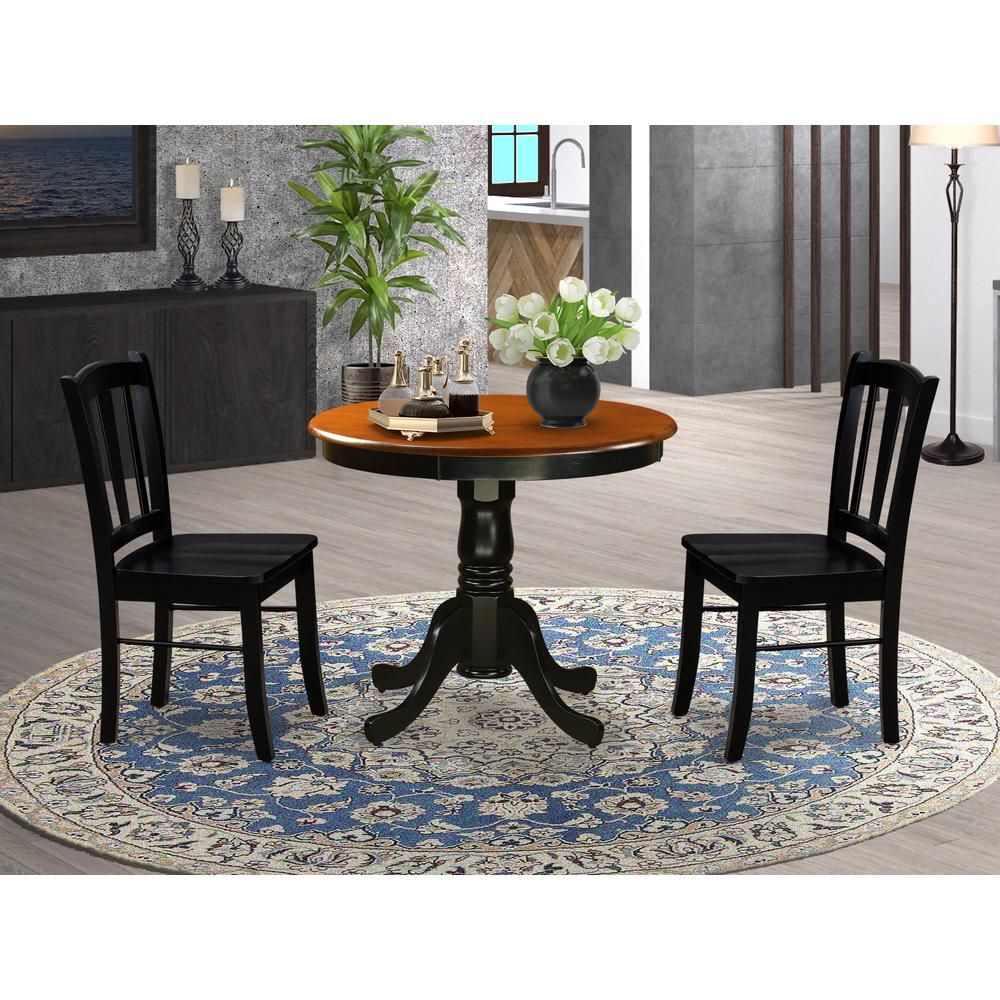 ANDL3-BLK-W - 3-Piece Dining Room Set- 2 Dining Chair and Modern Round Dining Table - Wooden Seat and Slatted Chair Back (Black Finish). Picture 1