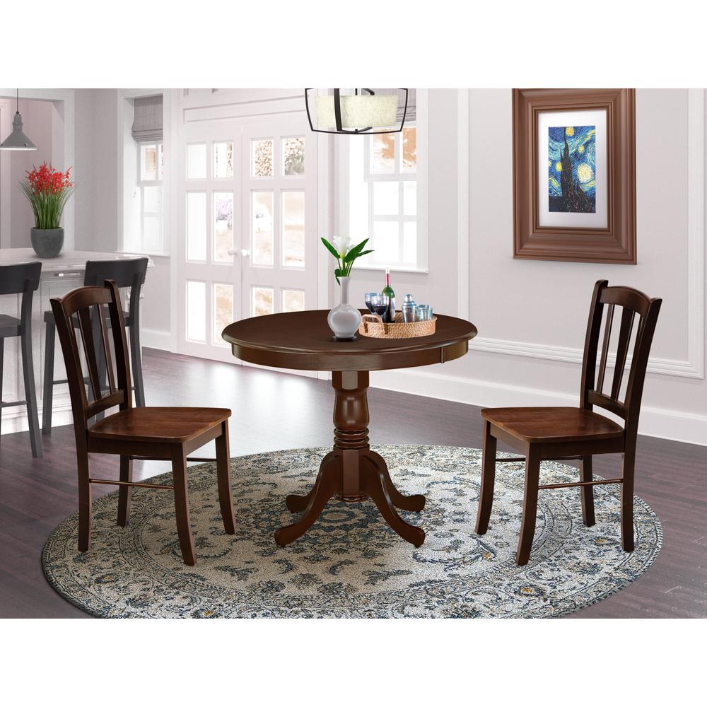 East West Furniture 3-Piece Dinette Room Set- 2 Dining Room Chair and Dining Room Table - Wooden Seat and Slatted Chair Back - Mahogany Finish. Picture 1