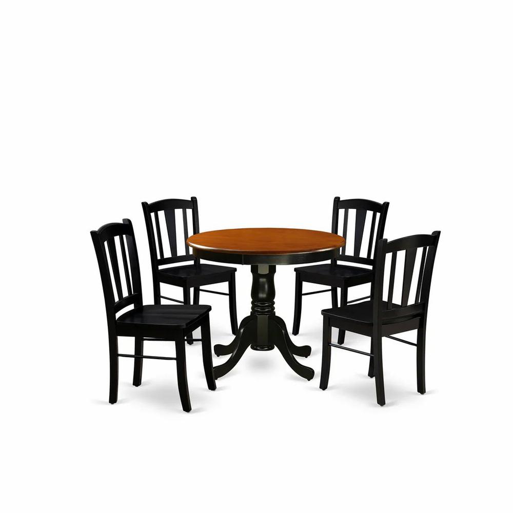 ANDL5-BLK-W - 5-Pc Kitchen Dining Room Set- 4 Dining Chairs and Kitchen Dining Table - Wooden Seat and Slatted Chair Back (Black Finish). Picture 1