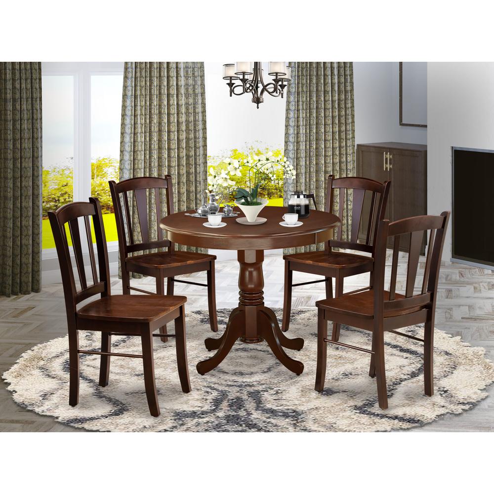 East West Furniture 5-Piece Dining Room Table Set- 4 Wooden Chairs and Kitchen Table - Wooden Seat and Slatted Chair Back - Mahogany Finish. Picture 1