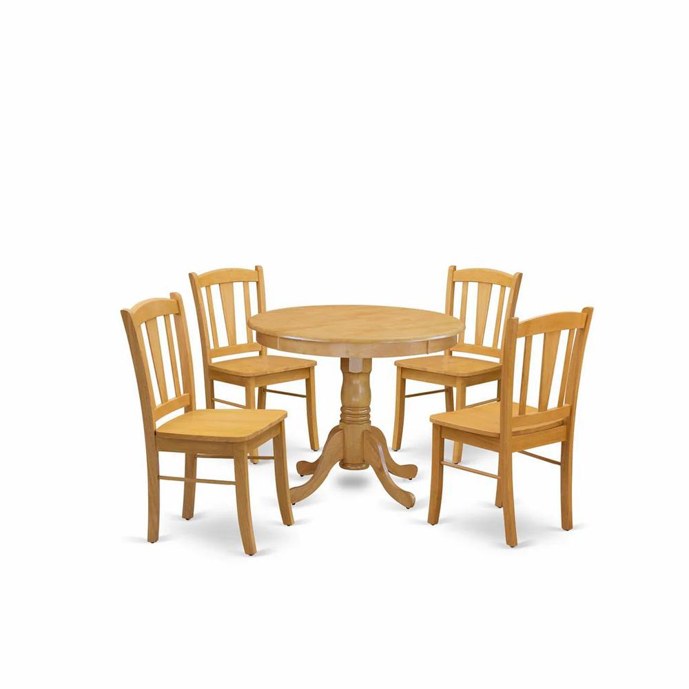 ANDL5-OAK-W - 5-Pc Dining Room Table Set- 4 Dining Room Chair and dining table - Wooden Seat and Slatted Chair Back - Oak Finish. Picture 4