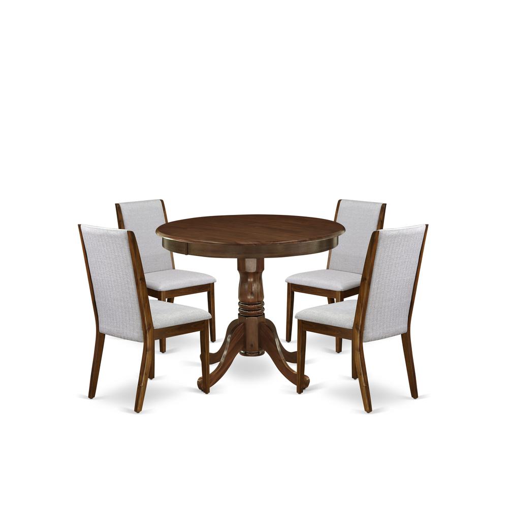 5 Pc Dining Table Set Contains a Round Table and 4 Parson Chairs, Antique Walnut. Picture 6