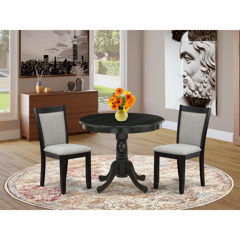 East West Furniture 3-Pc Dining Room Table Set Contains a Wooden Dining Table and 2 Shitake Linen Fabric Modern Dining Room Chairs - Wire Brushed Black Finish. Picture 1