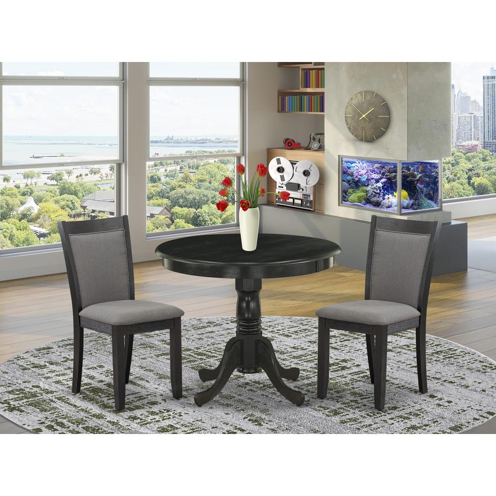 East West Furniture 3-Piece Dinette Room Set Consists of a Wooden Dining Table and 2 Dark Gotham Grey Linen Fabric Upholstered Dining Chairs - Wire Brushed Black Finish. Picture 1