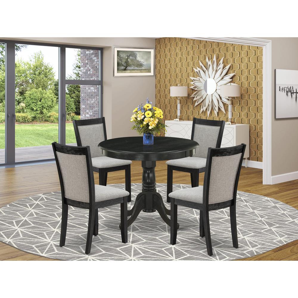 East West Furniture 5-Pc Dining Table Set Includes a Modern Dining Room Table and 4 Shitake Linen Fabric Dining Room Chairs - Wire Brushed Black Finish. Picture 1
