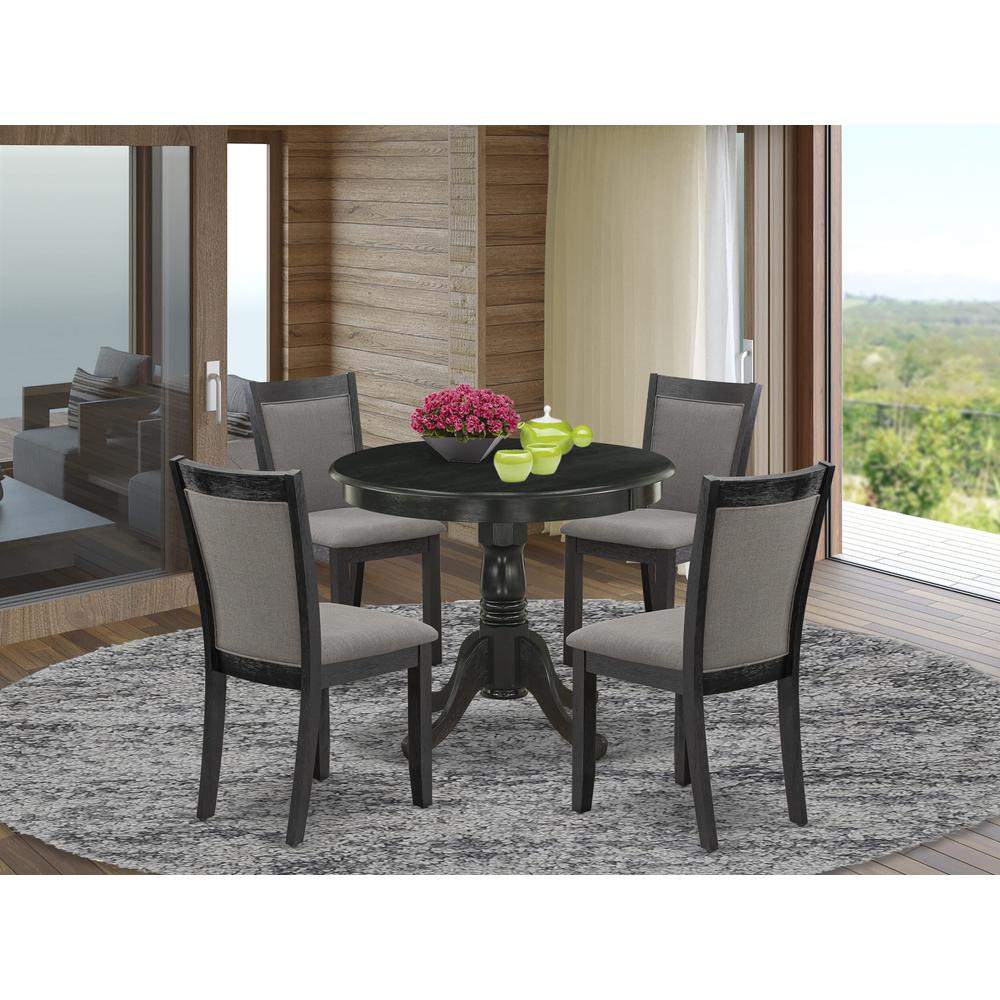 East West Furniture 5-Piece Modern Dining Table Set Contains a Modern Dining Room Table and 4 Dark Gotham Grey Linen Fabric Dining Room Chairs - Wire Brushed Black Finish. Picture 1