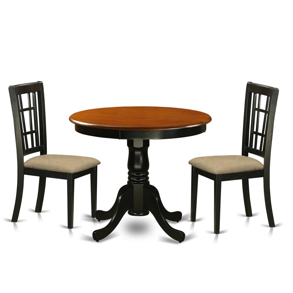 ANNI3-BLK-C 3 PC Dining Table with 2 Linen Chairs in Black and Cherry. The main picture.
