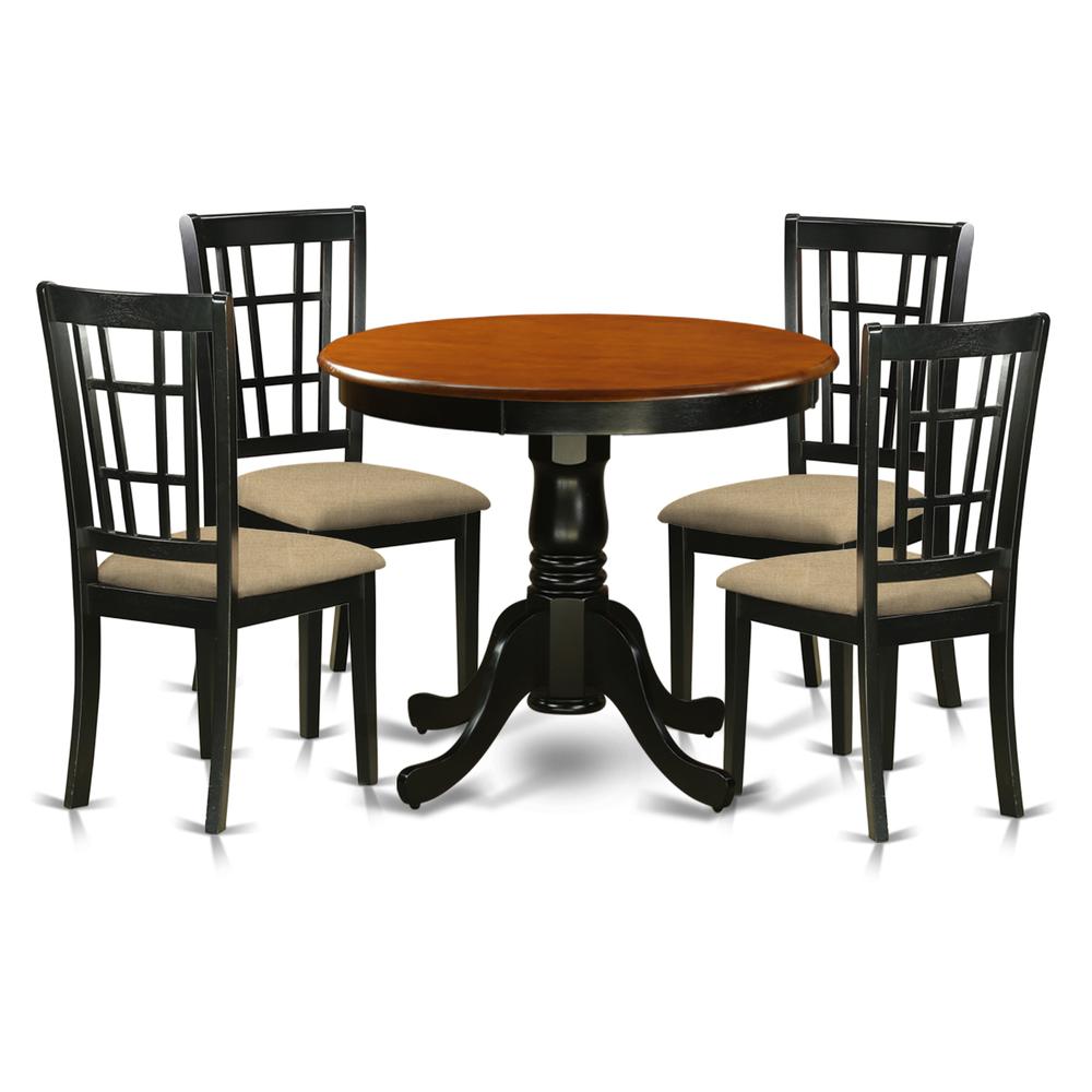ANNI5-BLK-C 5 Pc Dining Table with 4 Linen Chairs in Black and Cherry. Picture 1