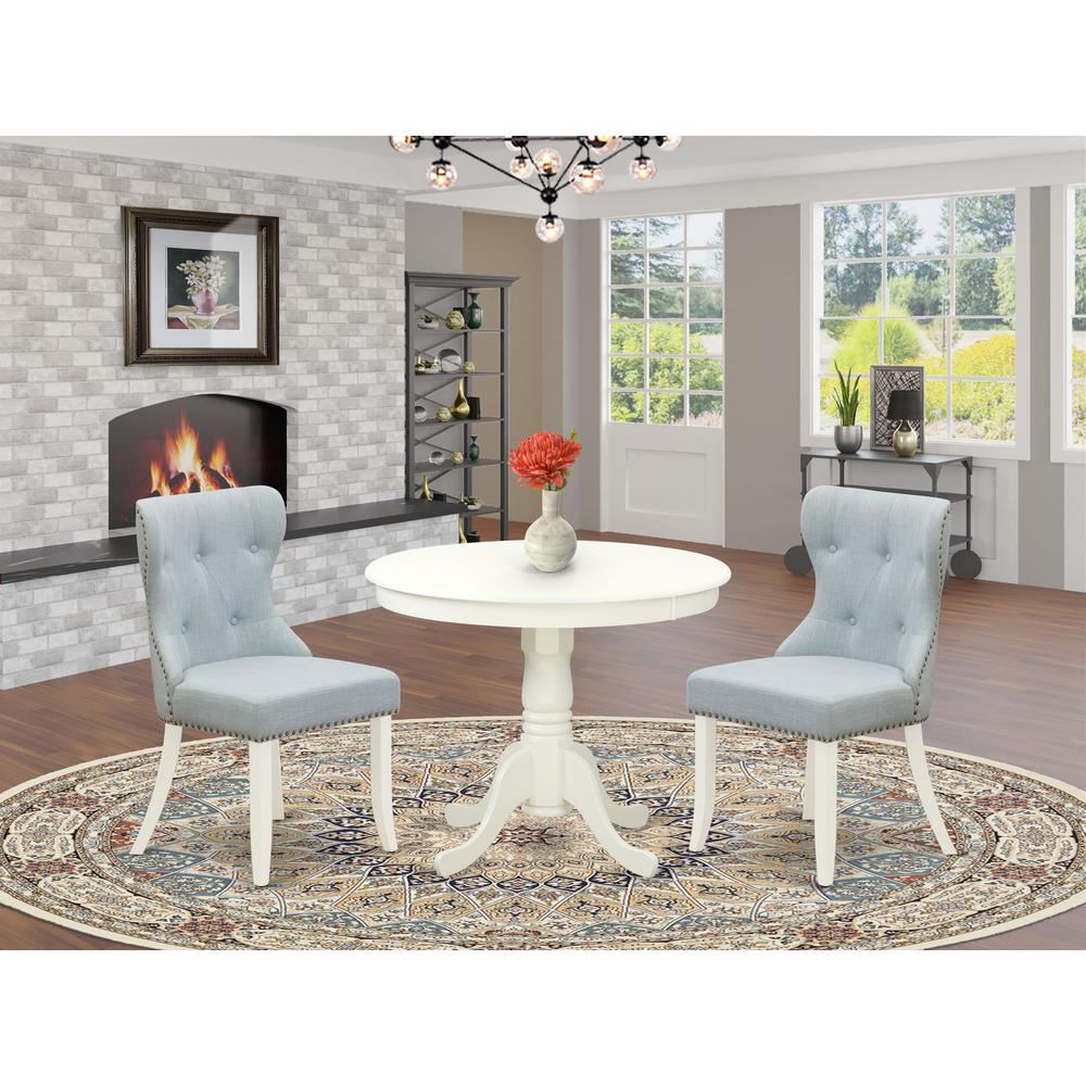 ANSI3-LWH-15 - A dining set of 2 fantastic indoor dining chairs with Linen Fabric Baby Blue color and a gorgeous 36-Inch Antique modern dining table with Linen White color. Picture 1