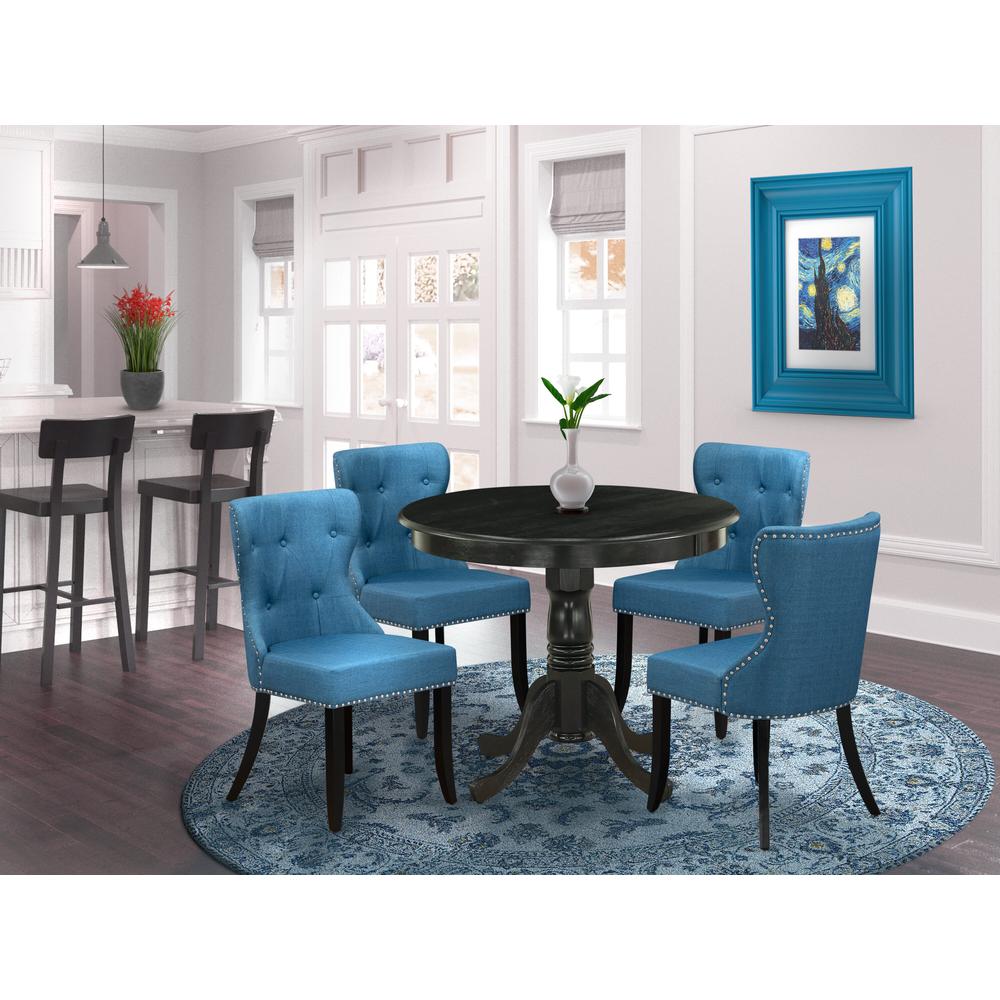 East West Furniture 5-Piece Kitchen Table Set-A Modern Dining Table and 4 Linen Fabric Dinning Chairs with High Back - Wire Brushed Black Finish. Picture 1