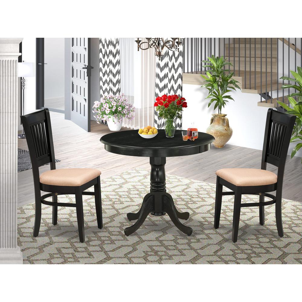 East West Furniture 3-Pc Kitchen Dining Set- 2 Wood Chair and Kitchen Dining Table - Linen Fabric Seat and Slatted Chair Back (Black Finish). Picture 1