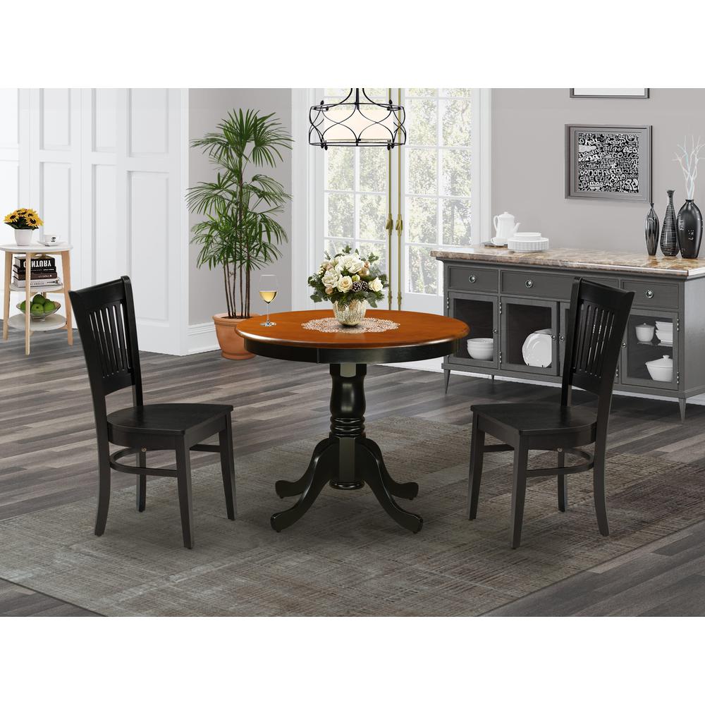 East West Furniture 3-Piece Dining Room Set- 2 Kitchen Chair and Modern dining room table - Wooden Seat and Slatted Chair Back (Black Finish). Picture 1