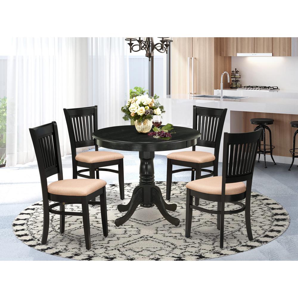 East West Furniture 5-Pc Dinette Room Set- 4 Wooden Chair and Modern dining room table - Linen Fabric Seat and Slatted Chair Back (Black Finish). Picture 1