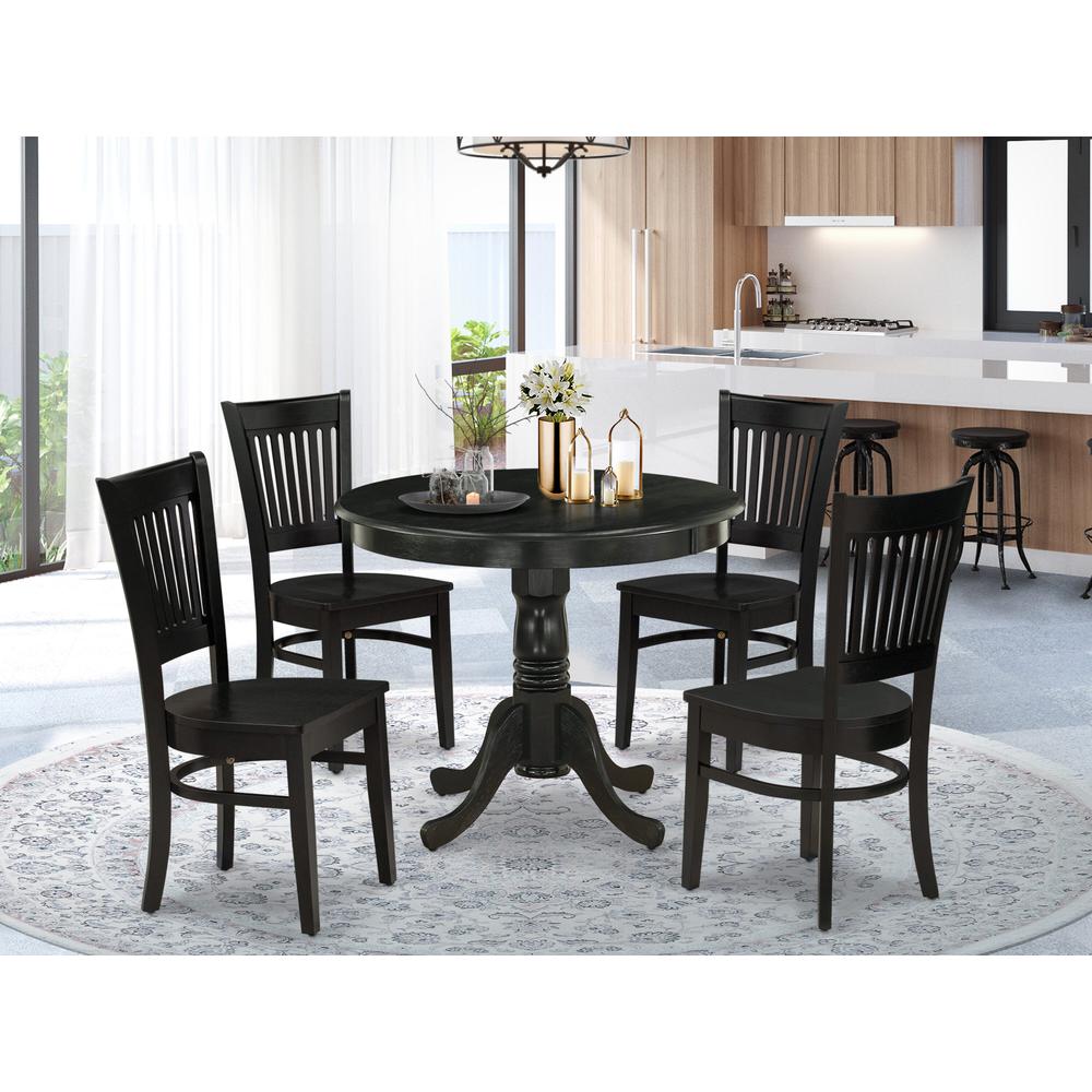 East West Furniture 5-Pc Dining Room Table Set- 4 dining room chairs and Dining Room Table - Wooden Seat and Slatted Chair Back (Black Finish). Picture 1