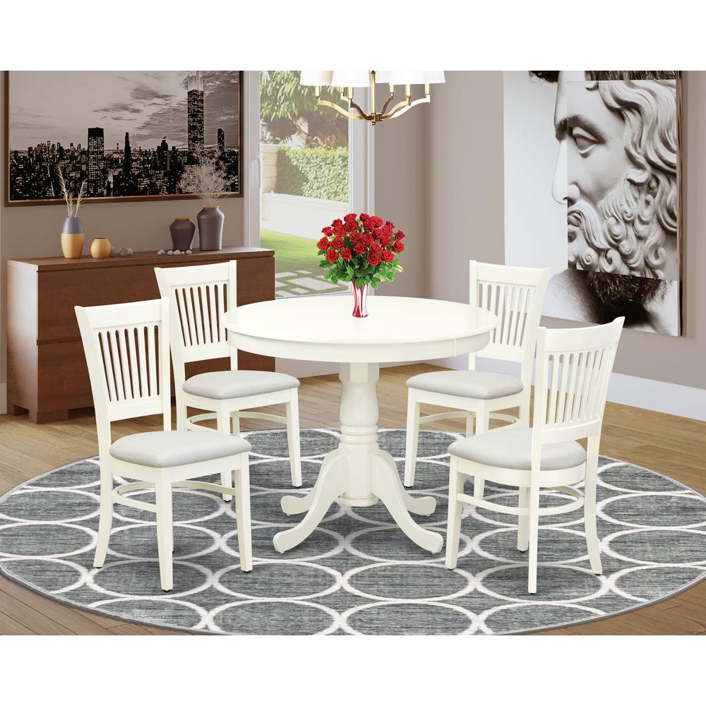 East West Furniture 5-Piece Dining Table Set- 4 dining room chairs and Wooden Dining Table - Linen Fabric Seat and Slatted Chair Back (Linen White Finish). Picture 2