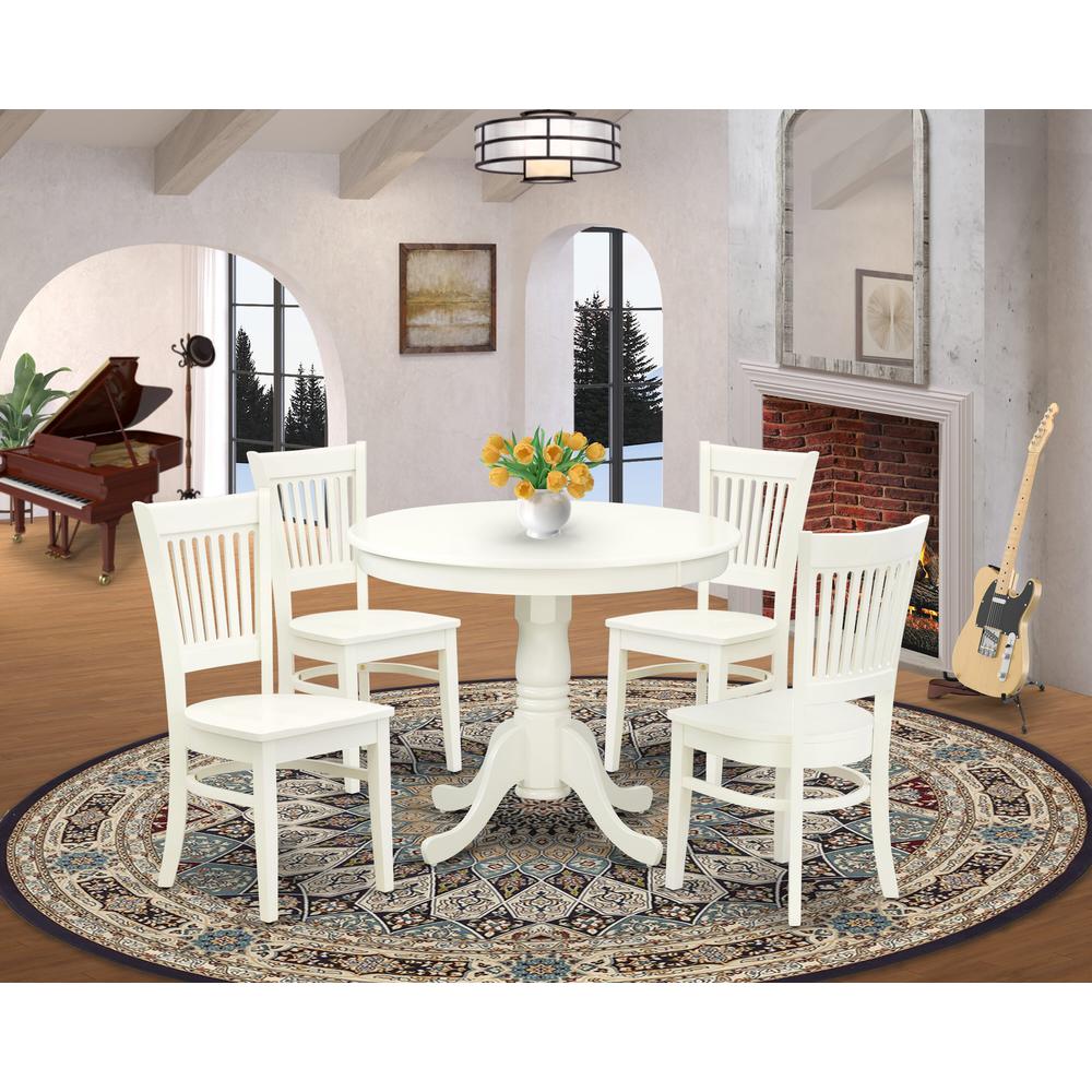ANVA5-LWH-W - 5-Piece Kitchen Dining Set- 4 Wooden Chairs and Dining Room Table - Wooden Seat and Slatted Chair Back (Linen White Finish). Picture 1