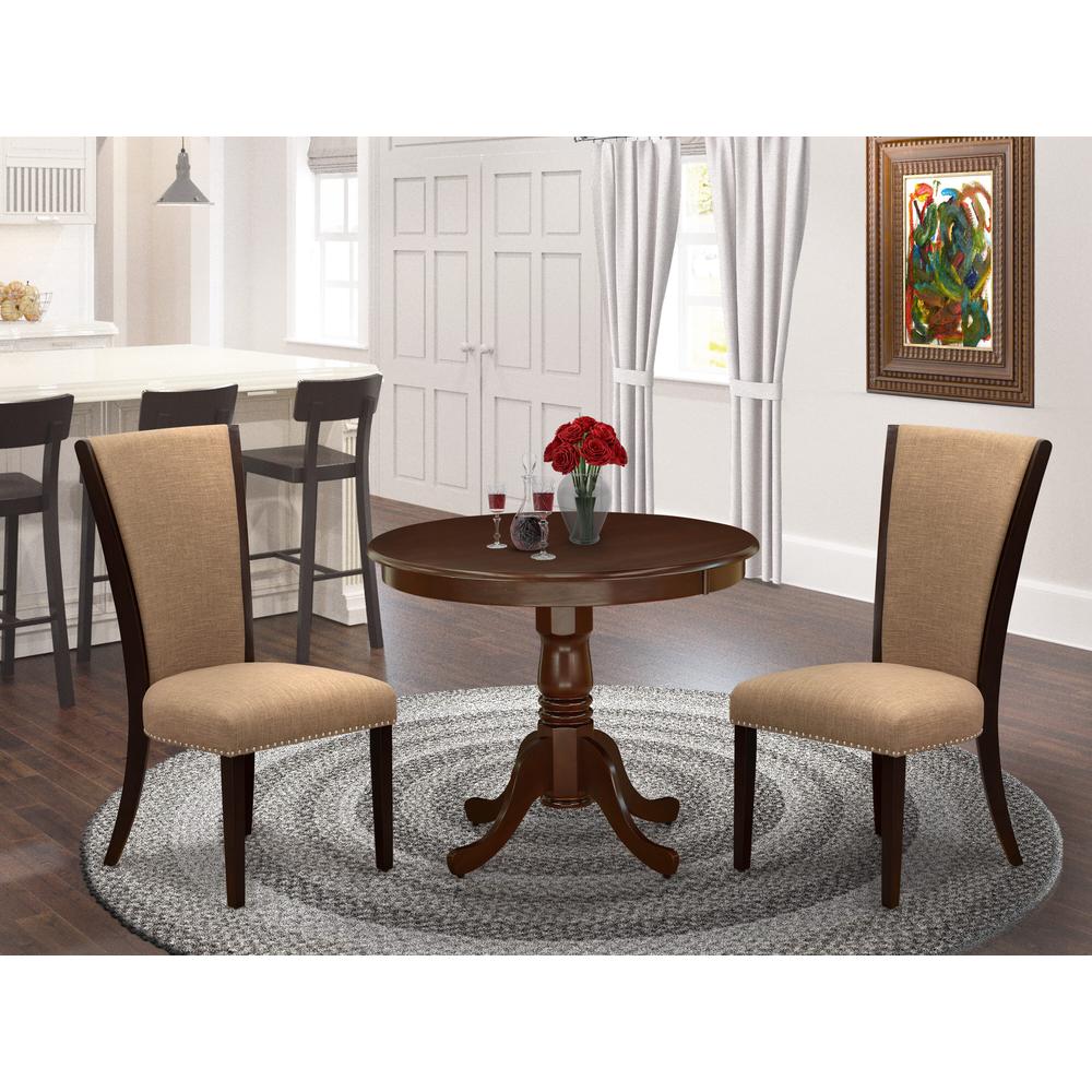 East West Furniture 3 Pc Kitchen Dining Set - 2 Light Sable Linen Fabric Parson Dining Chairs with High Back and 1 Modern Kitchen Table - Mahogany Finish. Picture 1
