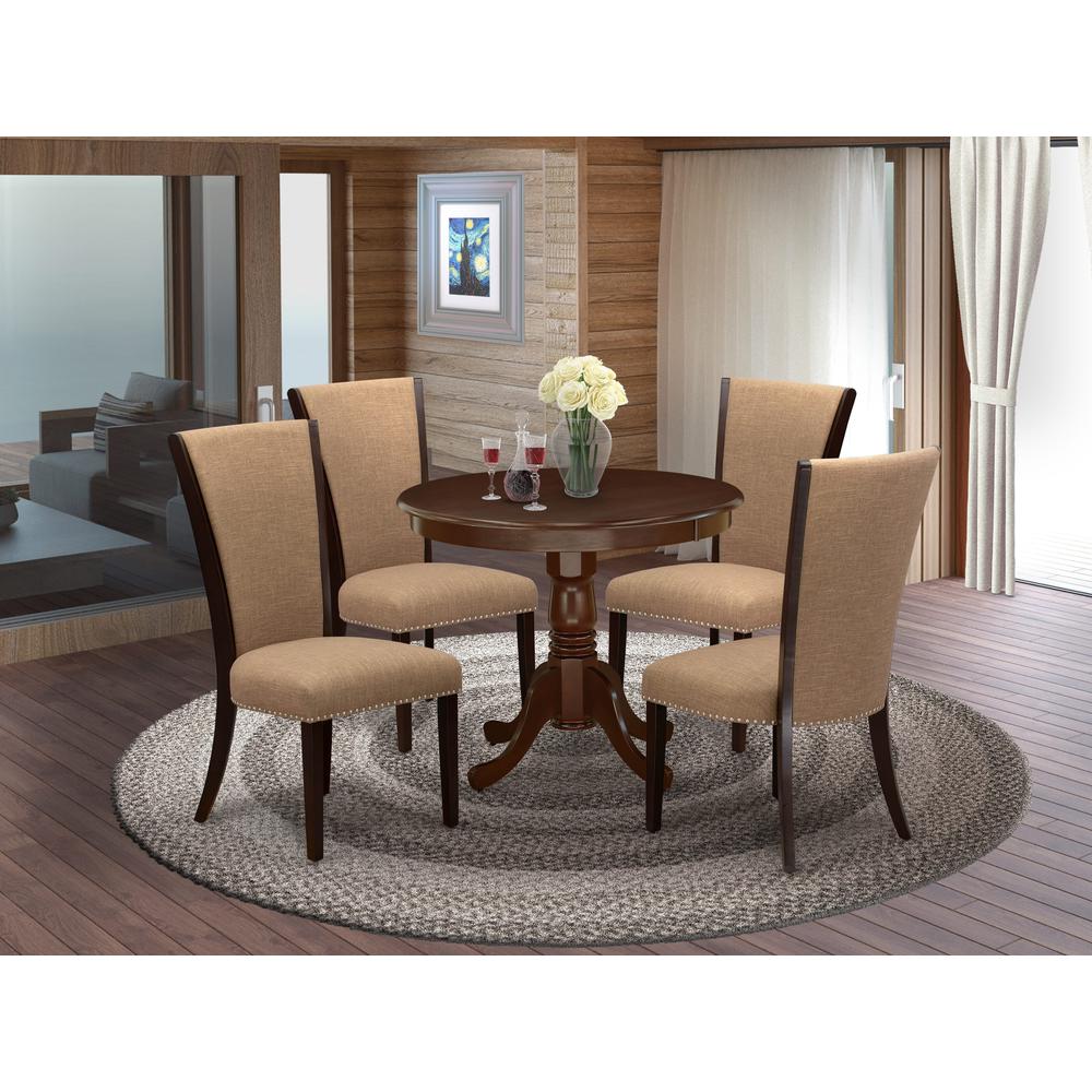 East West Furniture 5 Piece Dining Table Set - 4 Light Sable Linen Fabric Kitchen Chairs with High Back and 1 Dining Room Table - Mahogany Finish. Picture 1