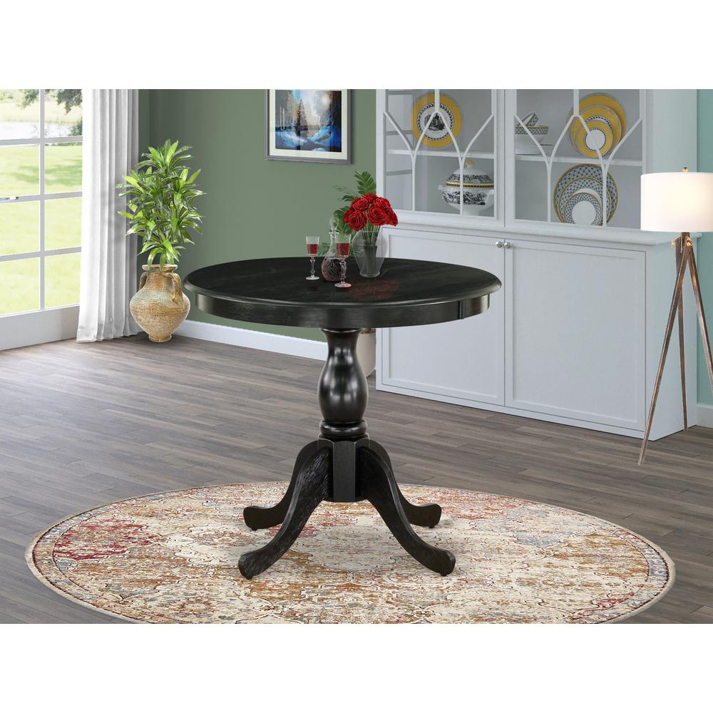 East West Furniture Round Kitchen Table - Black Table Top and Black Pedestal Leg Finish. Picture 1