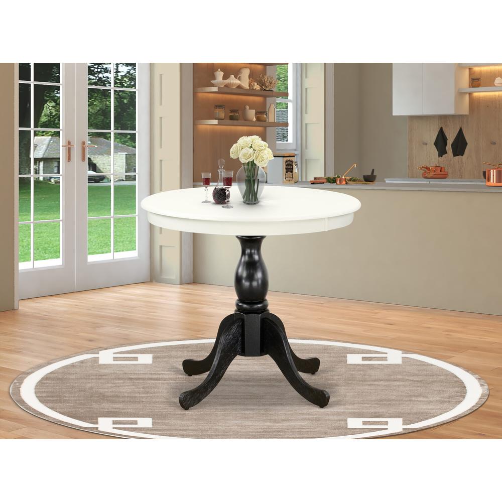 East West Furniture Modern Dining Table - Linen White Table Top and Black Pedestal Leg Finish. Picture 1