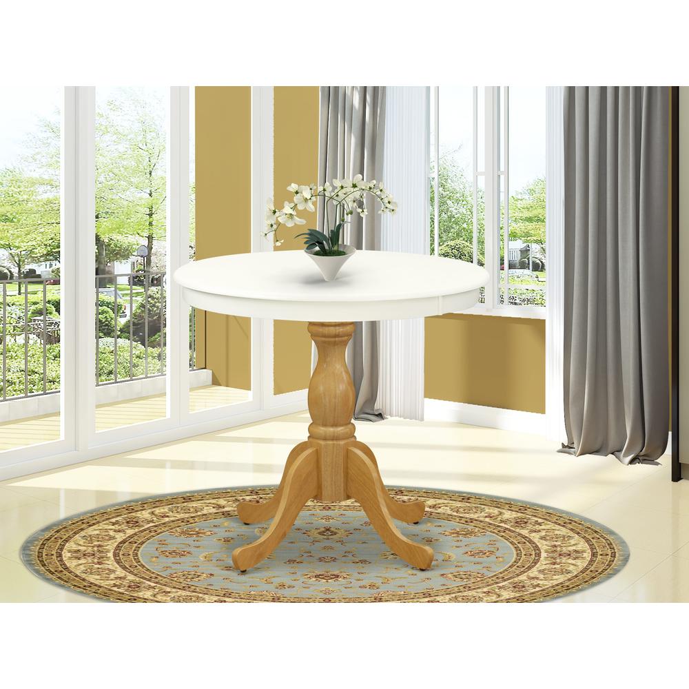East West Furniture Wood Dining Table - Linen White Table Top and Oak Pedestal Leg Finish. Picture 1