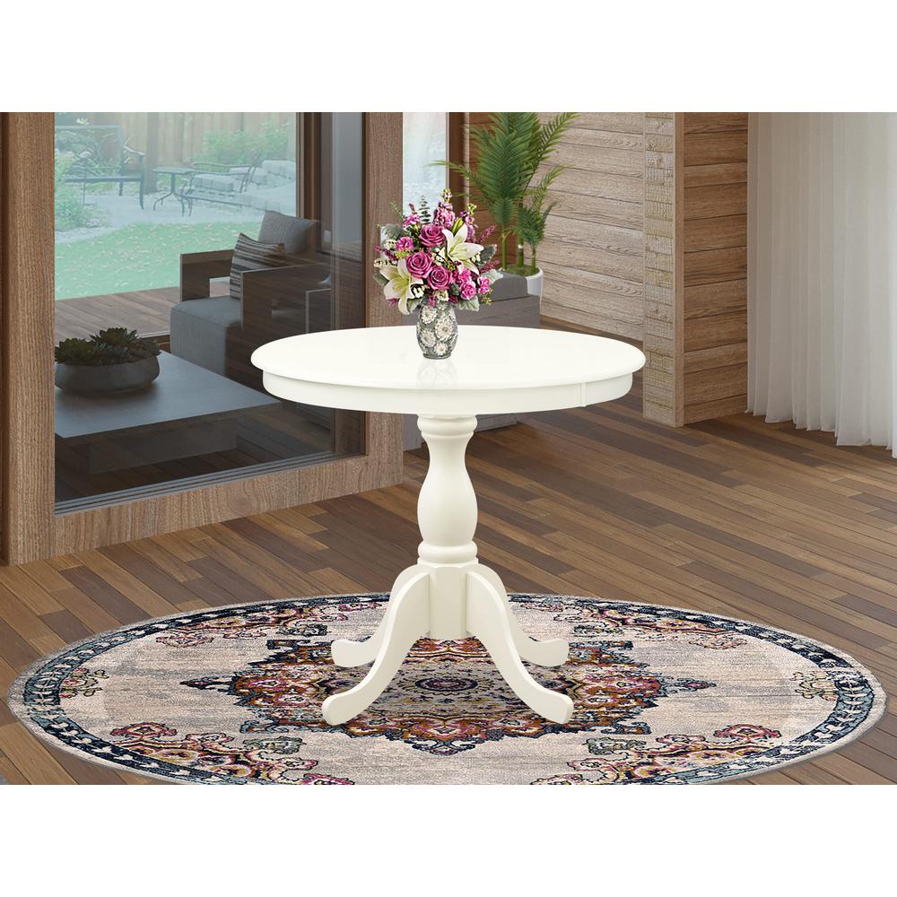 East West Furniture Round Dining Table - Natural Table Top and Black Pedestal Leg Finish. Picture 2