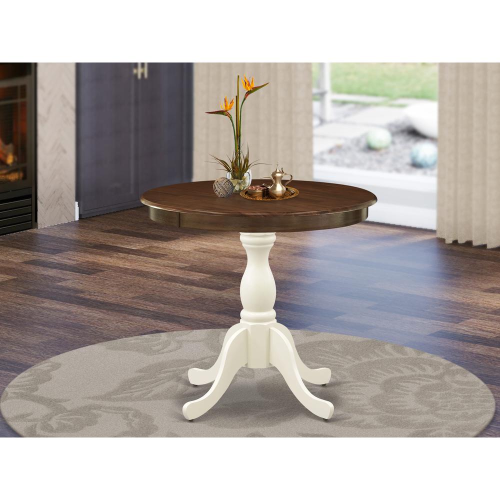 East West Furniture Dinning Table - Walnut Table Top and Linen White Pedestal Leg Finish. Picture 1