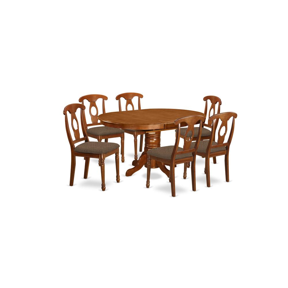 7  Pc  Dinette  Table  with  Leaf  and  6  Upholstered  Seat  Chairs  in  Saddle  Brown  .. Picture 1