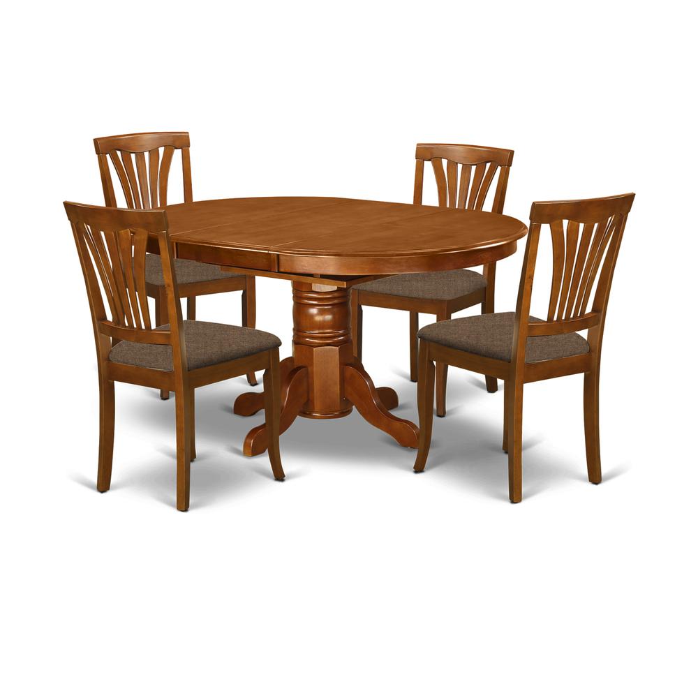 AVON5-SBR-C 5 Pc set Dinette Table featuring Leaf and 4 Fabric Dinette Chairs in Saddle Brown. Picture 1