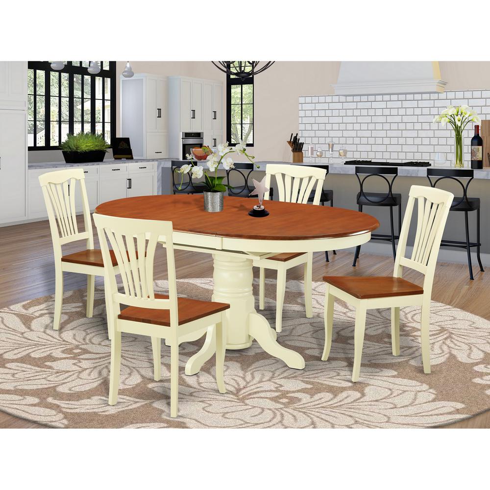 5  Pc  Dinette  Table  with  Leaf  and  4  Wood  Seat  Chairs  in  Buttermilk  and  Cherry.. Picture 1