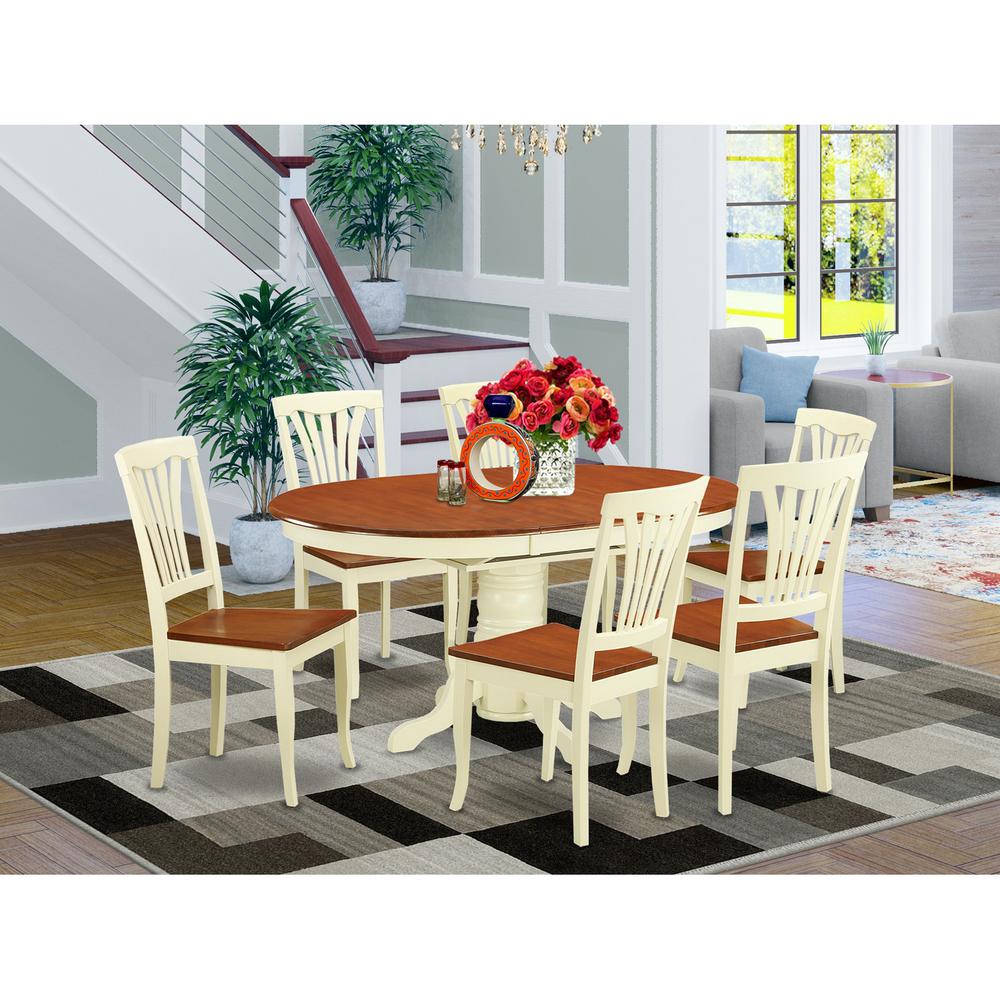 7  Pc  Dinette  Table  with  Leaf  and  6  Wood  Seat  Chairs  in  Buttermilk  and  Cherry.. Picture 1