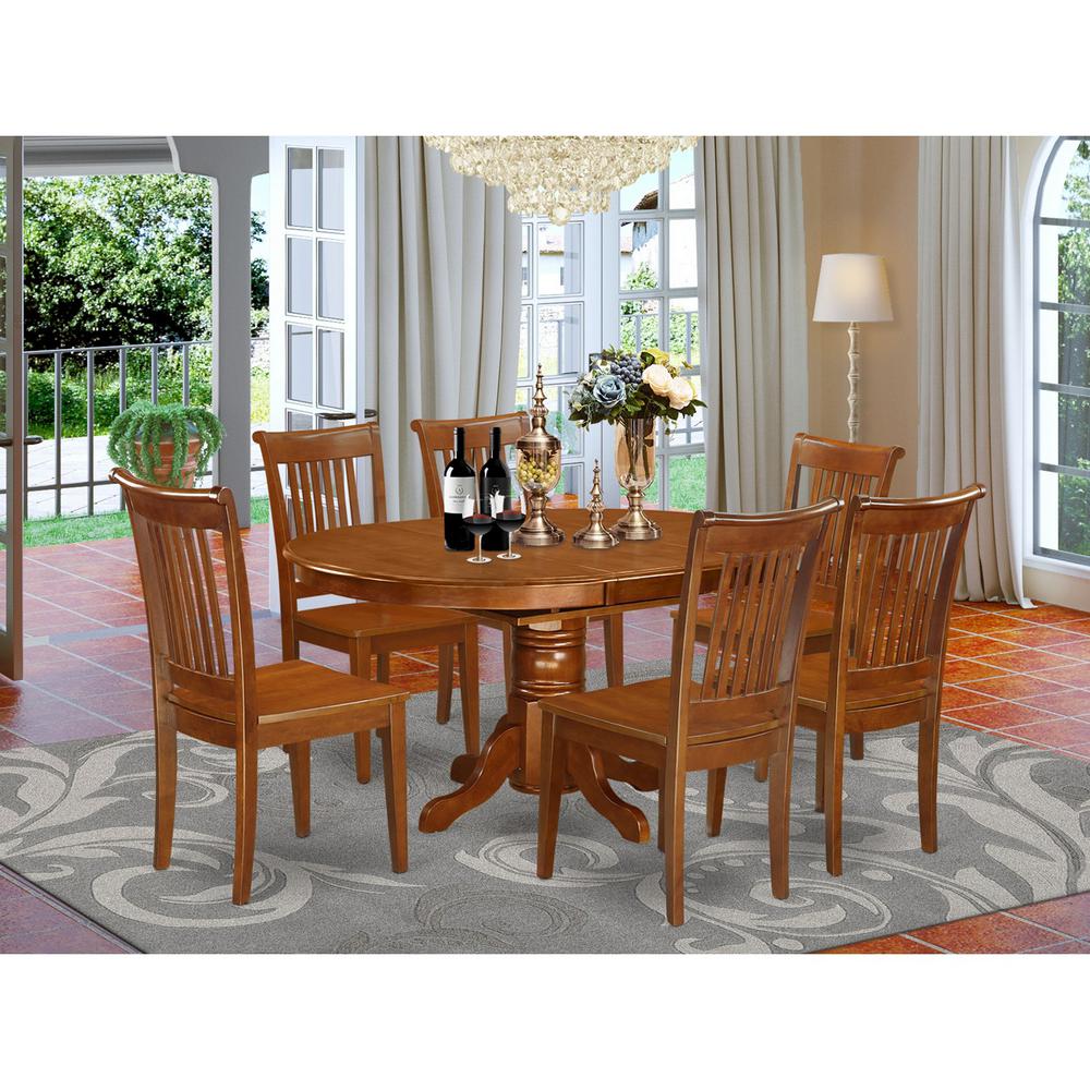 7  Pc  set  Avon  Dinette  Table  with  Leaf  and  6  Wood  Kitchen  Chairs  in  Saddle  Brown. Picture 1