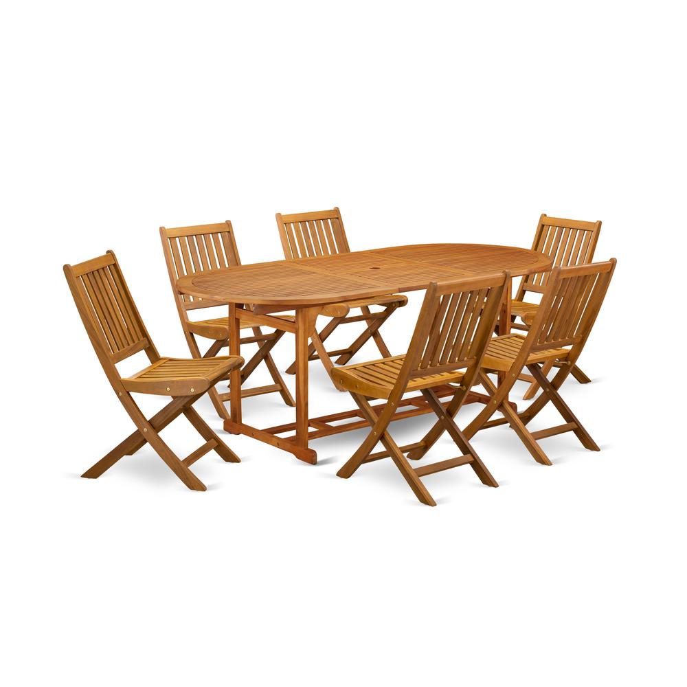 East West Furniture BSDK7CWNA 7-Pc Outdoor Set- 6 Outdoor Chairs Slatted Back and Outdoor Coffee Table and Round Top with Wooden legs - Natural Oil Finish. Picture 1