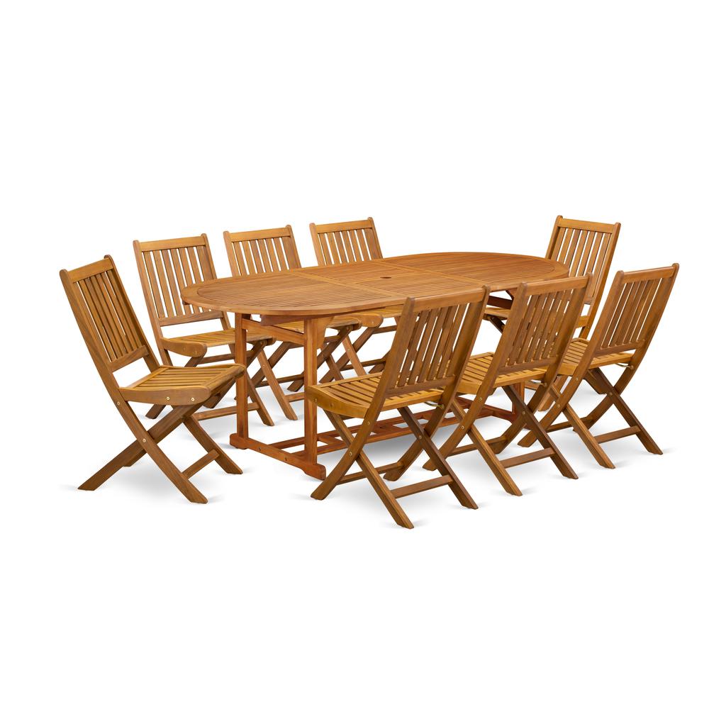 East West Furniture BSDK9CWNA 9-Piece Patio Set- 8 Modern Chairs Slatted Back and Outdoor Coffee Table and Round Top with Wood 4 legs - Natural Oil Finish. Picture 1