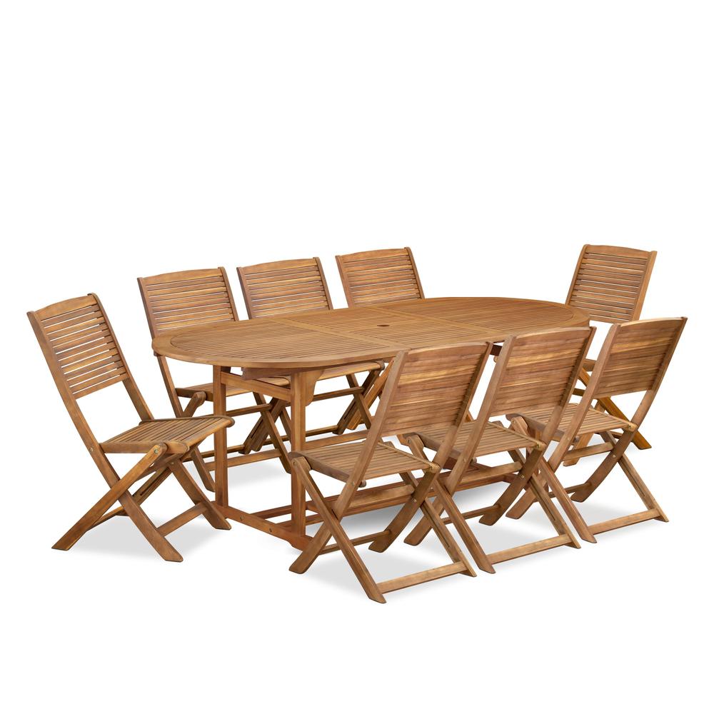 9 Piece Patio Garden Table Set Consist of an Oval Acacia Wood Table. Picture 6