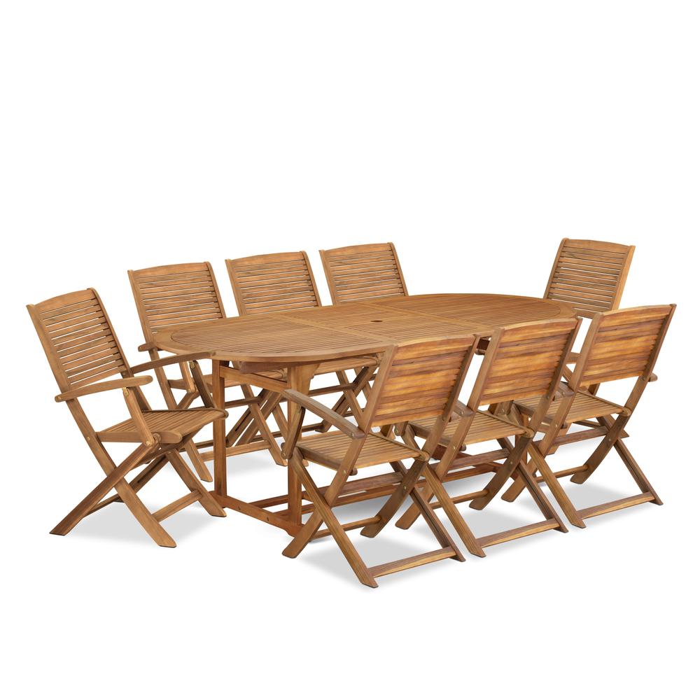 9 Piece Patio Dining Set Consist of an Oval Acacia Wood Table. Picture 6