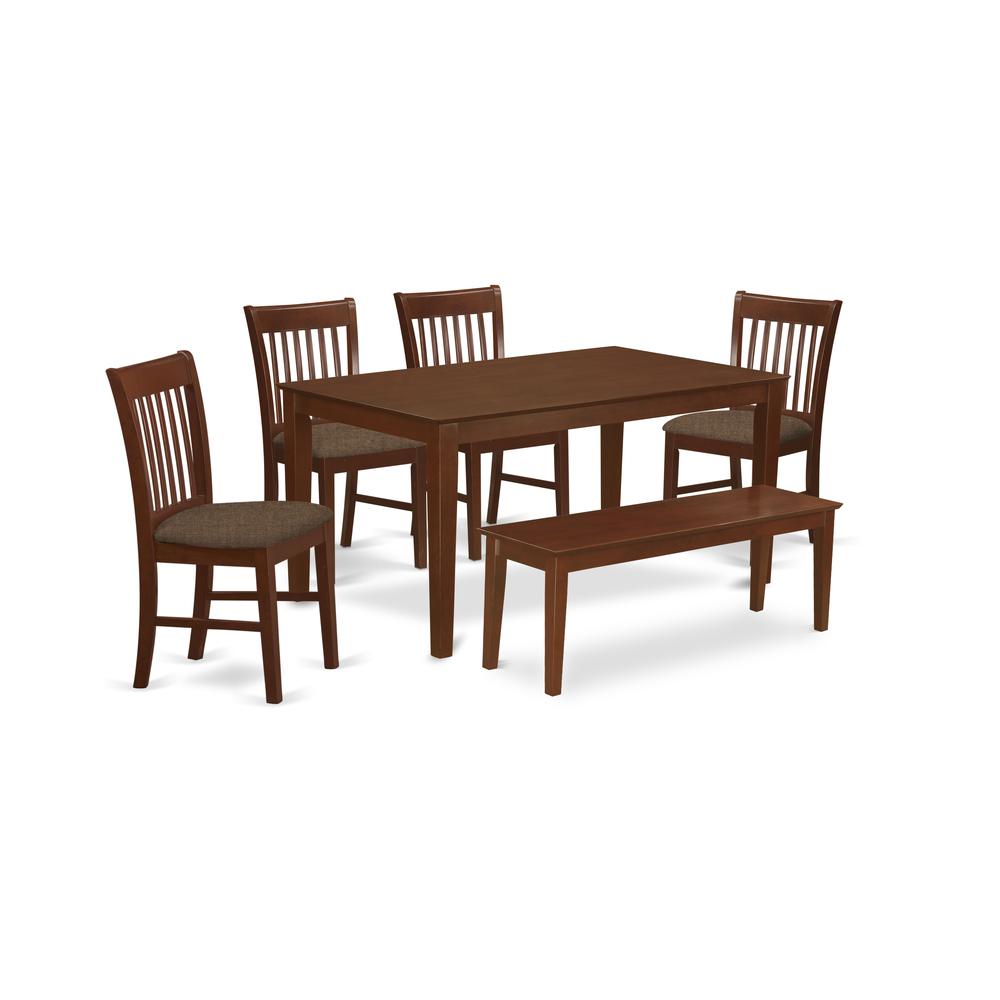 CANO6C-MAH-C 6-Pc Dining Table with bench set- Table and 4 Dining Chairs and Bench. Picture 1