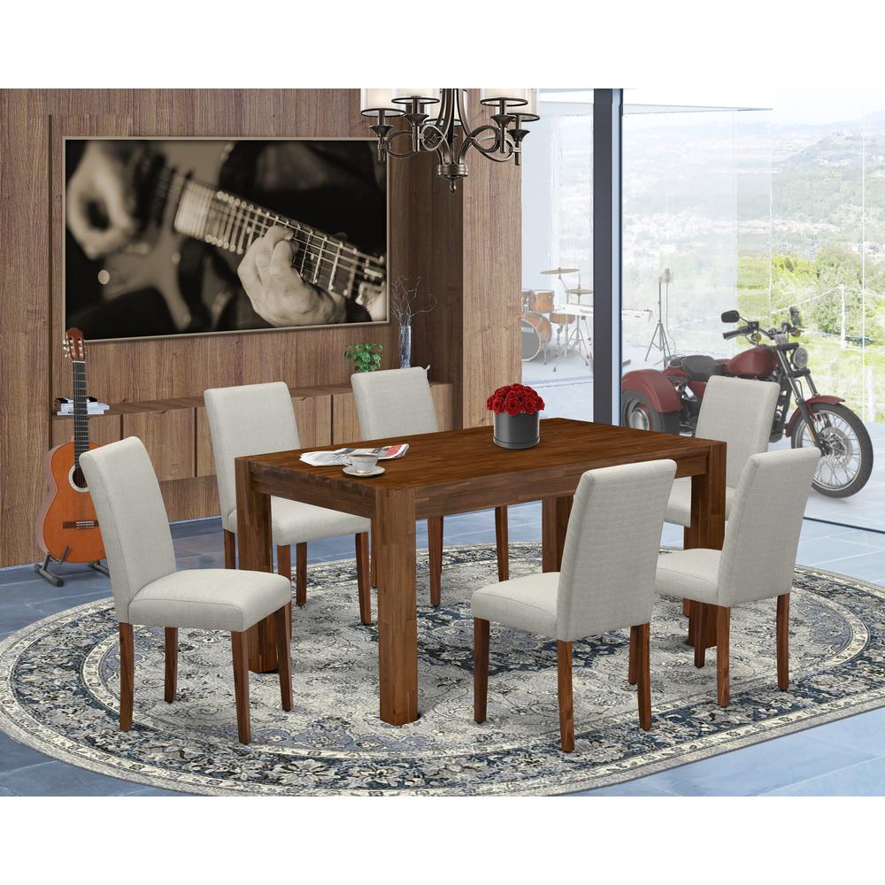 CNAB7-N8-05 - 7-Pc Modern Dining Set- 6 Parson Dining Chairs and Modern Kitchen Table - Grey Linen Fabric Seat and High Chair Back (Antique Walnut Finish). Picture 1