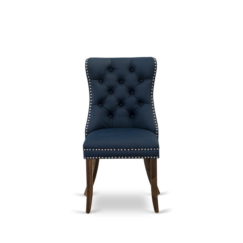 Parson Chairs - Navy Blue faux leather Upholstered, Set of 2, Antique Walnut. Picture 2